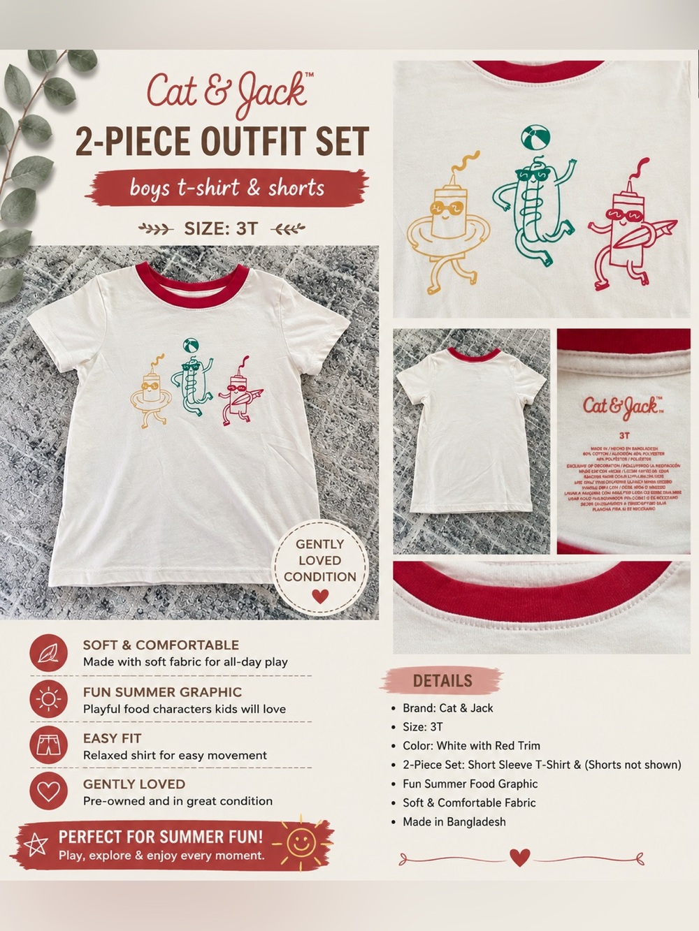Cat & Jack White T-Shirt with Red Trim and Colorful Food Characters